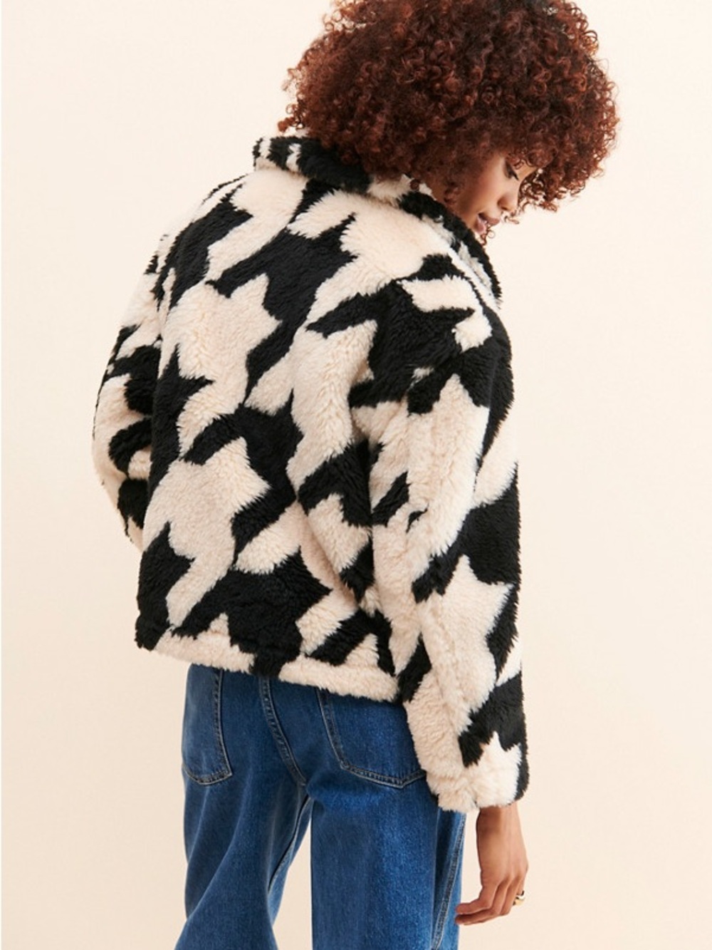 Women’s Black & Cream Faux Shearling Jacket - “Love Birds Houndstooth Coat” - Picture 2 of 10